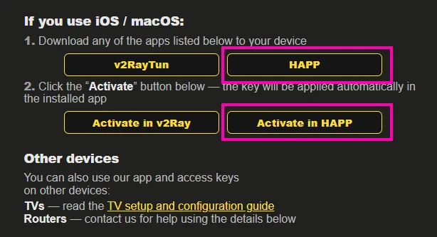 Happ activation buttons in the access email
